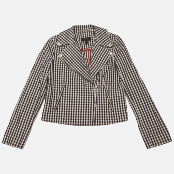 J. CREW Gingham Plaid Cropped Moto Jacket Blazer Blue-White‎ - Picture 5 of 9